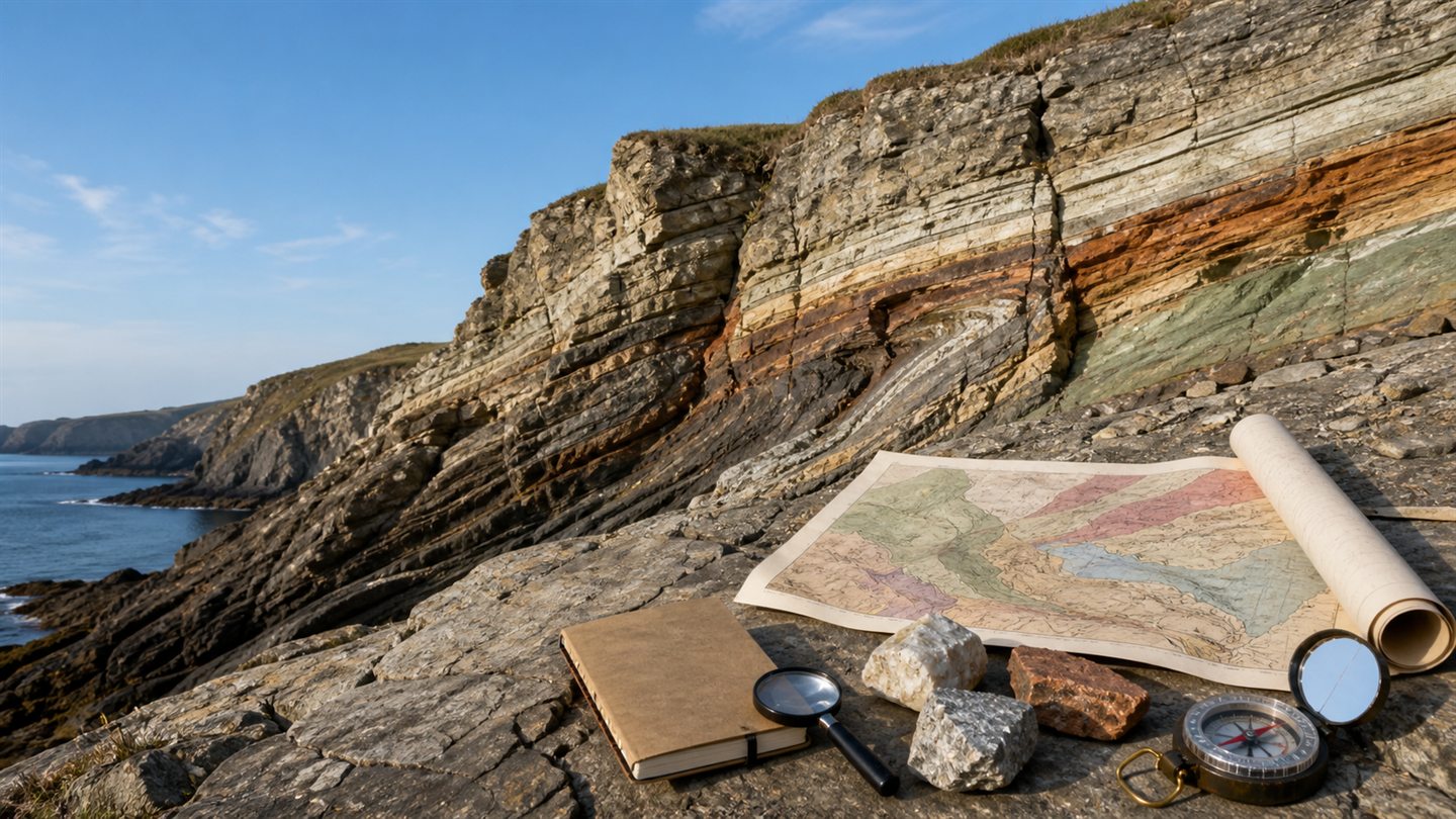 Layered coastal rocks beside a field notebook, hand lens, compass, specimens and a fictional geological map.